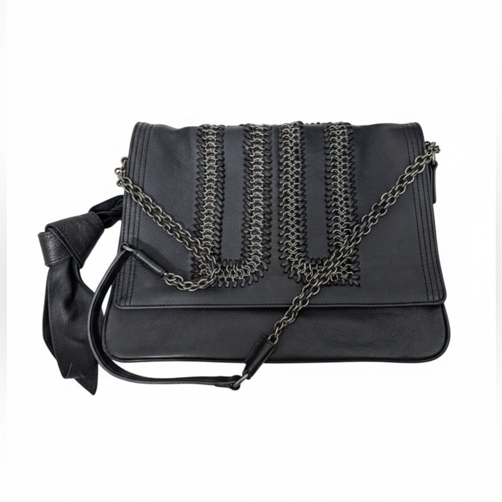 DAKS London Black Leather Messenger Bag - 13” Crossbody Satchel